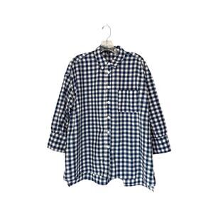 Pomander Place Blouse Blue White Button Up Gingham Lightweight 3/4 Sleeve Medium